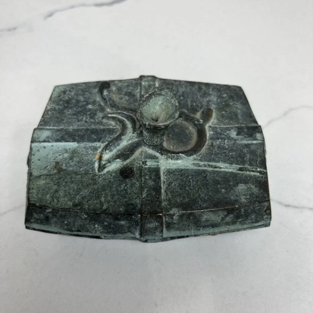 VTG PATINATED BRASS LIDDED TRINKET JEWELRY BOX ART DECO MADE IN INDIA